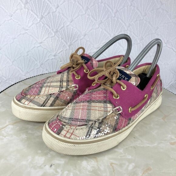 Sperry Shoes Women 6.5 Pink Gray Plaid Sequin Classic Casual Slip on Boat Loafer - Picture 5 of 12